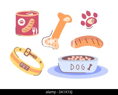 Vektorabbildungen von Zubehör und Hundefutter. Ein Halsband, ein Knochen, Dosenfutter, eine Schüssel Trockenfutter, eine Wurst, eine Hundepfote. Ein farbenfroher Satz von Symbolen in flachem Stil. Haustierfachkonzept, Tierpflege. Stock Vektor