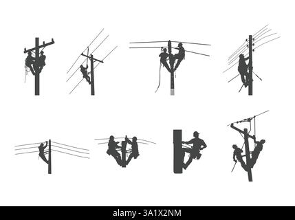 Lineman-Vektoren, Power-Lineman-Silhouette, elektrische Lineman-Vektoren, Lineman-Silhouette, Lineman-Klettern, Powerline-Silhouette. Stock Vektor