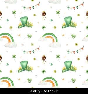 Grüner Hut mit Blumen, Kessel mit Goldmünzen, Regenbogen mit Wolken und Fahnenbändern nahtloses Muster isolierter Hintergrund. Holiday St. Patrick Stockfoto