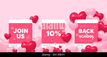 Discount-Post in sozialen Medien. Back to School Love Template. 10 % Rabatt auf Verkaufsmarken. Preisschild für Rabattangebot. Symbol für Sonderangebot. Gefällt mir, kommentieren und Stock Vektor
