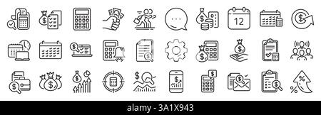 Symbole für Buchungspositionen. Set aus Berechnung, Investition prüfen und Bericht. Symbole für die App-Zeile. Vektor Stock Vektor
