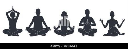 Stellen Sie die Silhouetten der Menschen in Lotusstellung auf. Yoga-Position, Mann und Frau in Asana-Meditation, gesunder Lebensstil, Ruhe und Achtsamkeit. Harmony Zen Stock Vektor