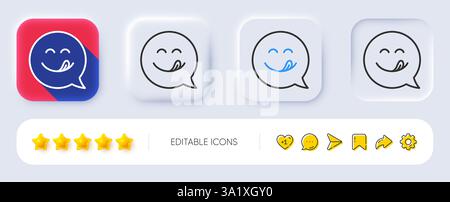Symbol für leckere Lächeln. Neumorph, flacher Schatten, 3D-Tasten. Emoticon mit Zungenzeichen. Sprechblasensymbol. Lächeln in der Linie. Social-Media-Symbole Stock Vektor