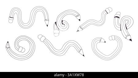 Verdrehter, gekrümmter Comic-Bleistift, der skizzenhaft kritzelnd ist. Linie Hand gezeichnet einfacher Bleistift. Flippiges flexibles Schulmaterial. Trendiges Schreibwerkzeug. Vektorabbildung Stock Vektor
