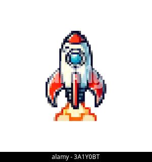 Space Travel Logo. Stylisches Retro-Raketenstartsymbol. Raumschiffvektor. Raketenflamme. Space Shuttle-Symbol. Symbol für die Spielentwicklung. Stock Vektor