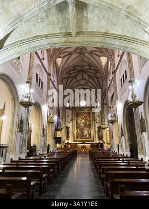Valencia, Spanien - 22. August 2024: Majestätisches Kircheninnere mit gotischer Architektur und religiösen Kunstwerken in Spanien Stockfoto