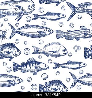Ozeane Bewohner, Meereslebevektor Hand gezeichnete Skizze Illustration. Blaue Fische nahtloses Muster. Hintergrund mit Meeresfrüchten und Kritzeleien. Modischer Textildruck, Stock Vektor