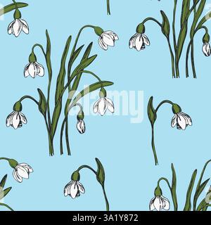 Nahtloses Muster mit Schneeglöckchen und Blättern. Handgezeichnetes Kunstschmuck mit Blumenmuster. Natur Backdround Vektor-Illustration für Druck, Stoff, Textil Stock Vektor