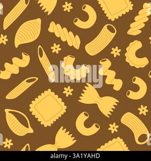 Nahtloses Muster mit Nudeln und Makkaroni, verschiedene Formen und Arten. Handgezeichnete Vektor-Illustration in niedlichem trendigen Stil. Stock Vektor