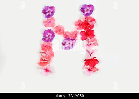 Buchstabe M aus frischen Blumen. Konzept der Blumenschrift. Einzigartige Sammlung von Buchstaben und Zahlen für Design. Frühling, Sommer, Herbst und Valentinstag Stockfoto