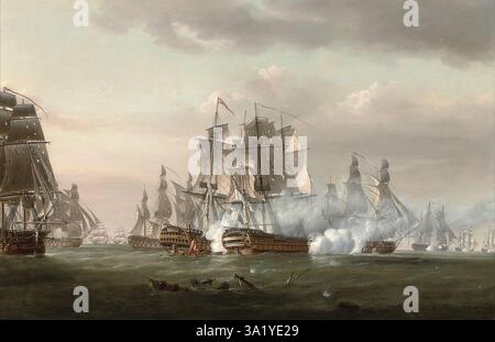 Die Schlacht von Trafalgar war ein großer Marineeinsatz, der vor der spanischen Küste bei Cadiz ausgetragen wurde. Das Ergebnis war ein großer Sieg für die Royal Navy. Sie sah die Zerstörung der französischen und spanischen Flotte und sicherte die britische Marinevorherrschaft für die absehbare Zukunft. Dieses Gemälde von Nicholas Pocock zeigt die HMS Tonnant, die mit dem spanischen Schiff Monarca beschäftigt ist. Stockfoto