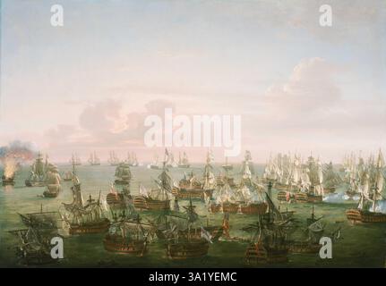 Die Schlacht von Trafalgar war ein großer Marineeinsatz, der vor der spanischen Küste bei Cadiz ausgetragen wurde. Das Ergebnis war ein großer Sieg für die Royal Navy. Sie sah die Zerstörung der französischen und spanischen Flotte und sicherte die britische Marinevorherrschaft für die absehbare Zukunft. Dieses Gemälde von Nicholas Pocock zeigt die beiden Flotten am Ende des Geschehens gegen 5,00 Uhr. Im Vordergrund liegen die am meisten zerrütteten britischen Schiffe mit ihren Preisen. Die restlichen zehn feindlichen Schiffe entkommen. Stockfoto