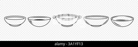 Handgezogene Schalen Vektorset. Küchengeschirr Im Skizzenstil. Abbildung leere und volle Schüsseln. Traditionelles Keramik- und Holzschalen-Design zum Kochen, Essen Stock Vektor