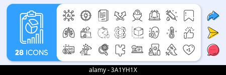 Symbole für Report, IDEA und Seo Gear Line. Für Web-App drucken. Symbole für die App-Zeile. Vektor Stock Vektor