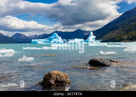 Perito Moreno Blue Ice Glacier Nationalpark in Argentinien. Riesige Eisberge und Eiswände mit Rissen, Spalten und herabfallenden Blöcken. Gletscher in Patagonien Stockfoto