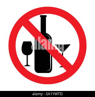 Kein Alkohol trinken Beschilderung Symbol Clipart. Keine alkoholische Warnung Clip Art in rotem Stoppschild mit Likör, Bier, Wein und Champagner Piktogramm nicht erlaubt Stock Vektor