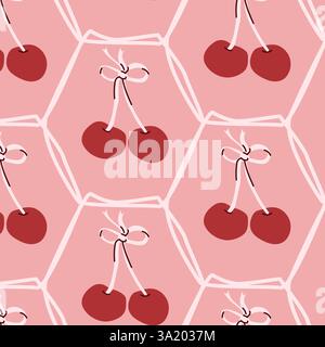 Nahtloses rosafarbenes Kirschmuster mit handgezeichnetem, wiederholtem Design. Stock Vektor