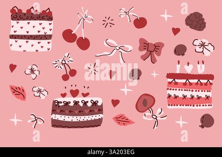Süßer Kuchen und Kirschkritzeleien auf rosa Hintergrund mit Bögen und Herzen. Romantische handgezeichnete Elemente. Stock Vektor