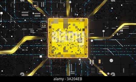 Lebendige Darstellung des Technologiekreislaufs mit einem zentralen gelben Block, umgeben von detaillierten Linien und Verbindungen vor dunklem Hintergrund, Empha Stockfoto