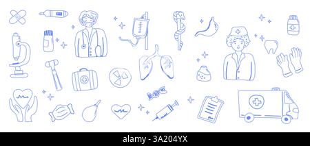 Medizinische Kritzeleien: Arzt, Krankenschwester, Spritze, Krankenwagen, Herz und mehr in blauer Umrandung. Stock Vektor