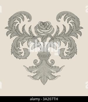 Rosenblume mit Blumenschmuck, Vintage Gravur Zeichnung Stil Illustration Stock Vektor
