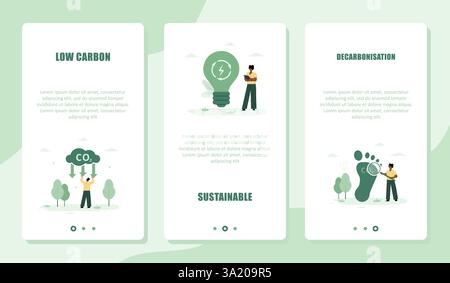 CO2-neutral. Set von Vorlagen für Online-Services. Mobiler Bildschirm. Umweltfreundliche Industriefabrik mit erneuerbarer Energie. Kohlenstoffarm und umweltfreundlich Stock Vektor