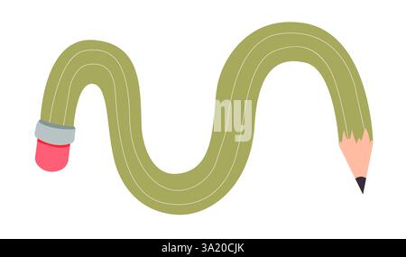 Verdrehter, gekrümmter Comic-Bleistift, der skizzenhaft kritzelnd ist. Linie Hand gezeichnet einfacher Bleistift. Flippiges flexibles Schulmaterial. Trendiges Schreibwerkzeug. Vektorabbildung Stock Vektor