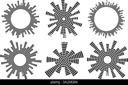 Klangmusik kreisförmige Welle. Radiale Audio-Equalizer-Symbole auf weißem Hintergrund. Vektorrunde abstrakte Grafik von Stimme und Echo. Geometrischer Balken für Frequenz. Stock Vektor