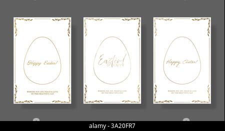 Osterkarte. Minimalistischer weißer Hintergrund mit goldenem Eierrand, zarten Blumenecken und eleganter Happy Easter Typografie. Sauber und elegant Stock Vektor