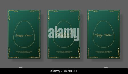 Osterkarte. Minimalistischer grüner Hintergrund mit goldenem Eierrand, zarten Blumenecken und eleganter Happy Easter Typografie. Sauber und elegant Stock Vektor