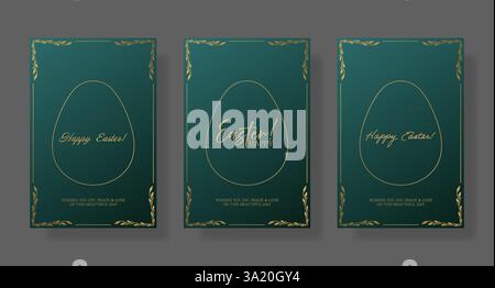 Osterkarte. Minimalistischer grüner Hintergrund mit goldenem Eierrand, zarten Blumenecken und eleganter Happy Easter Typografie. Sauber und elegant Stock Vektor