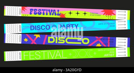 Festival Disco Party Armband Designs - Neonarmbänder mit geometrischen Formen, Sternen, Globus, Mondphasen. Retro-Rave-Event-Ticket-Vorlagen für Partyzugriff. Farbenfrohes Armband-Set. Stock Vektor