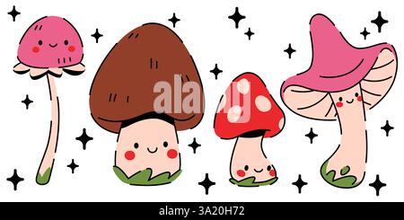 Niedliches Maskottchen mit Pilzfiguren – niedlicher rosafarbener Kissenstuhl, gepunktete Kastanienbolete, scharlachrote Fliege-Agarcartoons stehen auf grünem Gras. Skurrile Pilze Emoticons für Kinder dekoratives Design. Stock Vektor