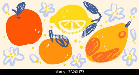 Risograph Obst und Blumen auf weißem Hintergrund. Vektor-Illustration von Hand gezeichnetem Pastell-Apfel, Orange, Zitrone, Mango mit Blättern und Blüte, nahtloses Retro-Blumenmuster, botanisches Vintage-Design Stock Vektor