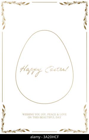 Osterkarte. Weißer Hintergrund mit goldenem Eierrand, floralen Eckakzenten und klassischer Happy Easter Typografie. Minimalistischer und eleganter Urlaub gr Stock Vektor
