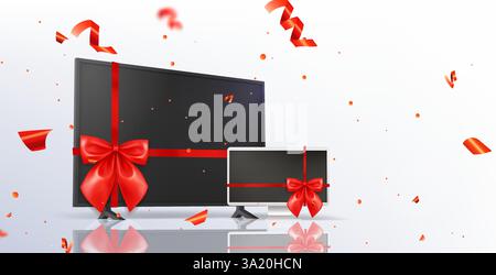 TV-Monitor mit roten Schleifenbögen - moderne Bildschirme als Geschenke. Spezielle Elektronik für Feiertage bietet Visualisierung. Werbeaktion für digitale Geräte mit fliegenden Konfetti. Stock Vektor