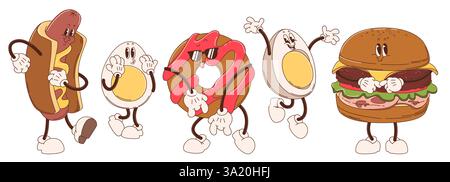 Groovige Frühstücksfiguren Sammlung - Retro-Cartoon-Vektor-Illustrationen von Hot Dog, Donut, Eierhälften und Burger. Ausgefallene Maskottchen mit Vintage-Speisen und Snacks, die in den 70er-Jahren für Café-Designs gehalten werden. Stock Vektor