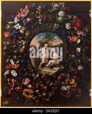 Guirnalda de flores con vanitas, JUAN DE ARELLANO (I614-1676), FRANCISCO CAMILO (ca. 16I5-1673), Museo de Bellas Artes de Valencia, Comunidad Vale Stockfoto