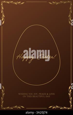 Osterkarte. Satter brauner Hintergrund mit goldenem Eierrand, minimalistischen floralen Akzenten und raffinierter Happy Easter Typografie. Classic und Elee Stock Vektor