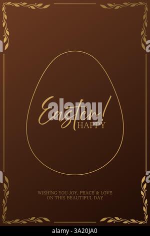 Osterkarte. Satter brauner Hintergrund mit goldenem Eierrand, minimalistischen floralen Akzenten und raffinierter Happy Easter Typografie. Classic und Elee Stock Vektor