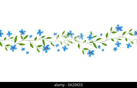 Nahtloses Blumenmuster. Aquarellabbildung. Botanische Illustration. Süße blaue Blumen und grüne Zweige und Blätter. Blaue Vergissmeinnots. Der Flowe Stockfoto