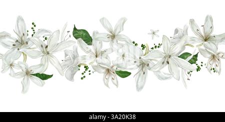 Schöne weiße Lilien mit Blättern und Knospen. Botanische Illustration. Eine handgezeichnete Aquarellillustration. Nahtloser Rahmen, horizontales Muster separat Stockfoto