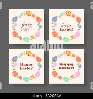 Eine Sammlung von vier Ostergrußkarten mit einem dekorativen Eierkranz mit verschiedenen Typografie-Variationen, perfekt für saisonale Feiern Stock Vektor