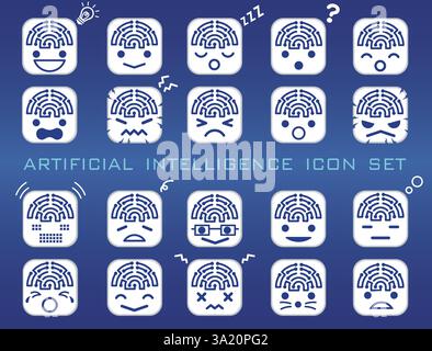 Künstliche Intelligenz Vektor niedliches Symbol Set isoliert auf blauem Hintergrund. Stock Vektor