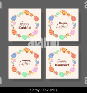 Eine Sammlung von vier Ostergrußkarten mit einem dekorativen Eierkranz mit verschiedenen Typografie-Variationen, perfekt für saisonale Feiern Stock Vektor