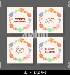 Eine Sammlung von vier Ostergrußkarten mit einem dekorativen Eierkranz mit verschiedenen Typografie-Variationen, perfekt für saisonale Feiern Stock Vektor