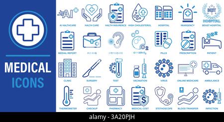 Medizinische Icons Vektor Set, Umrissstil medizinische Icons Set auf weißem Hintergrund. Stock Vektor