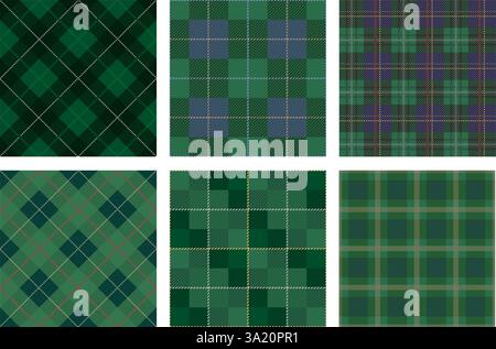 Horizontal Und Vertikal Wiederholbares Nahtloses Set Aus Grünem Schottenkaro. Vektorabbildung. Stock Vektor