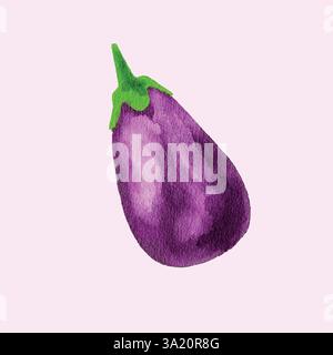 Aquarellabbildung einer Aubergine mit grünem Stiel vor hellem Hintergrund Stock Vektor