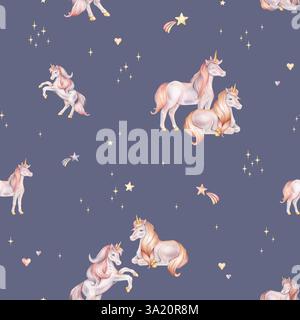 Nahtloses Aquarellmuster mit Einhorn und mehrfarbigen Sternen. Handgezeichnete Illustrationen des Hintergrunds für Kinderzimmer-Tapeten, Babydekor, Textilien Stockfoto